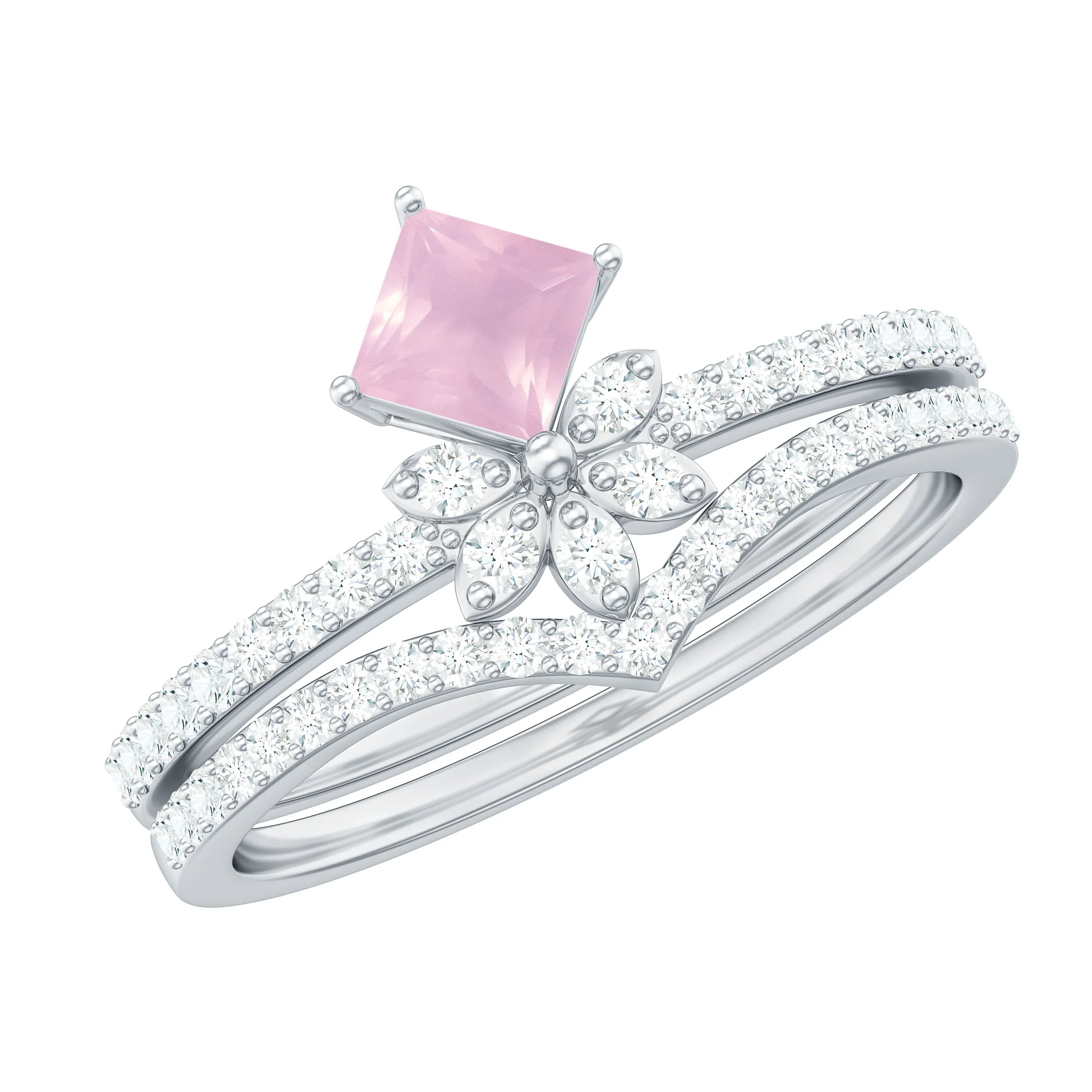 Princess Cut Rose Quartz and Diamond Flower Ring Set