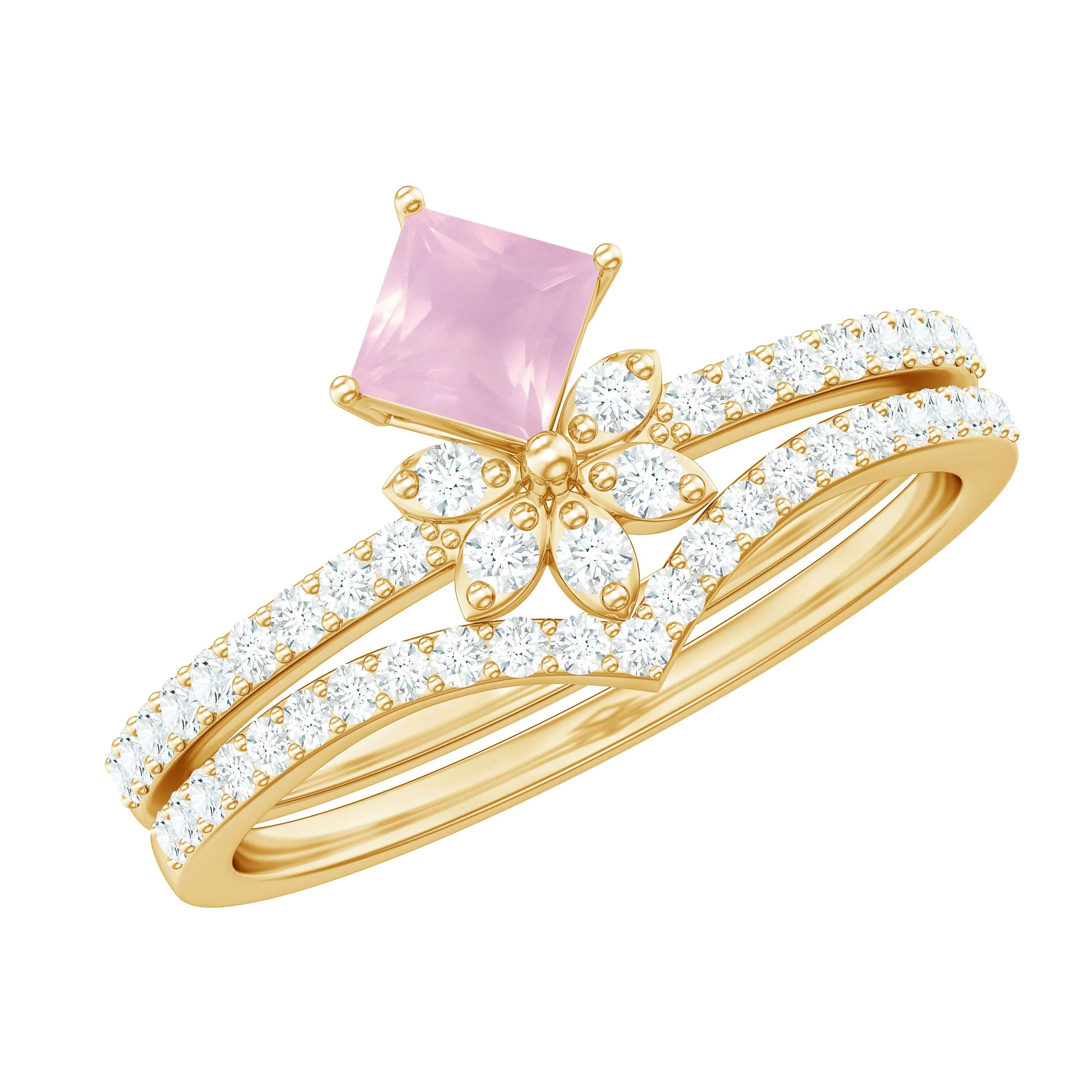 Princess Cut Rose Quartz and Diamond Flower Ring Set