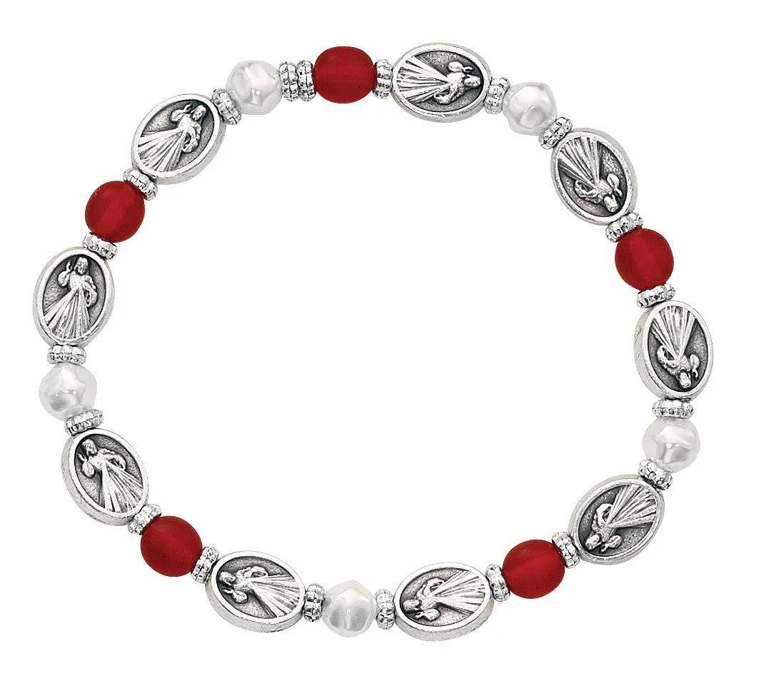 RED & PEARL DIVINE MERCY STRETCH BRACELET-BR731C