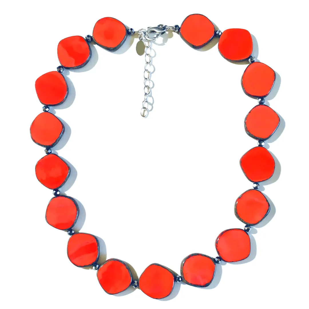 Red Beaded Necklace, Large Circle Glass Beaded Necklace