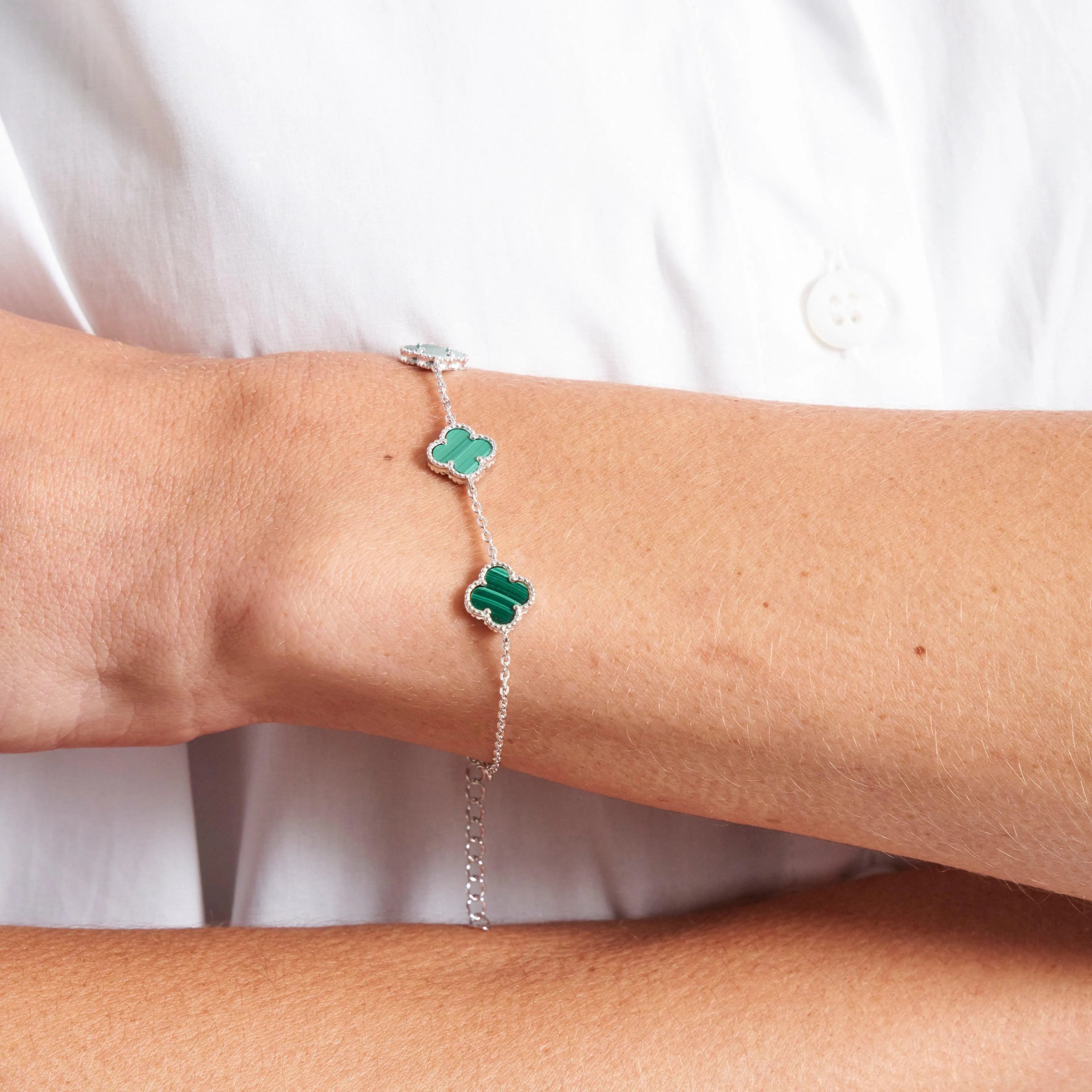 Silver Bracelet with 3 Green Malachite Clover shape