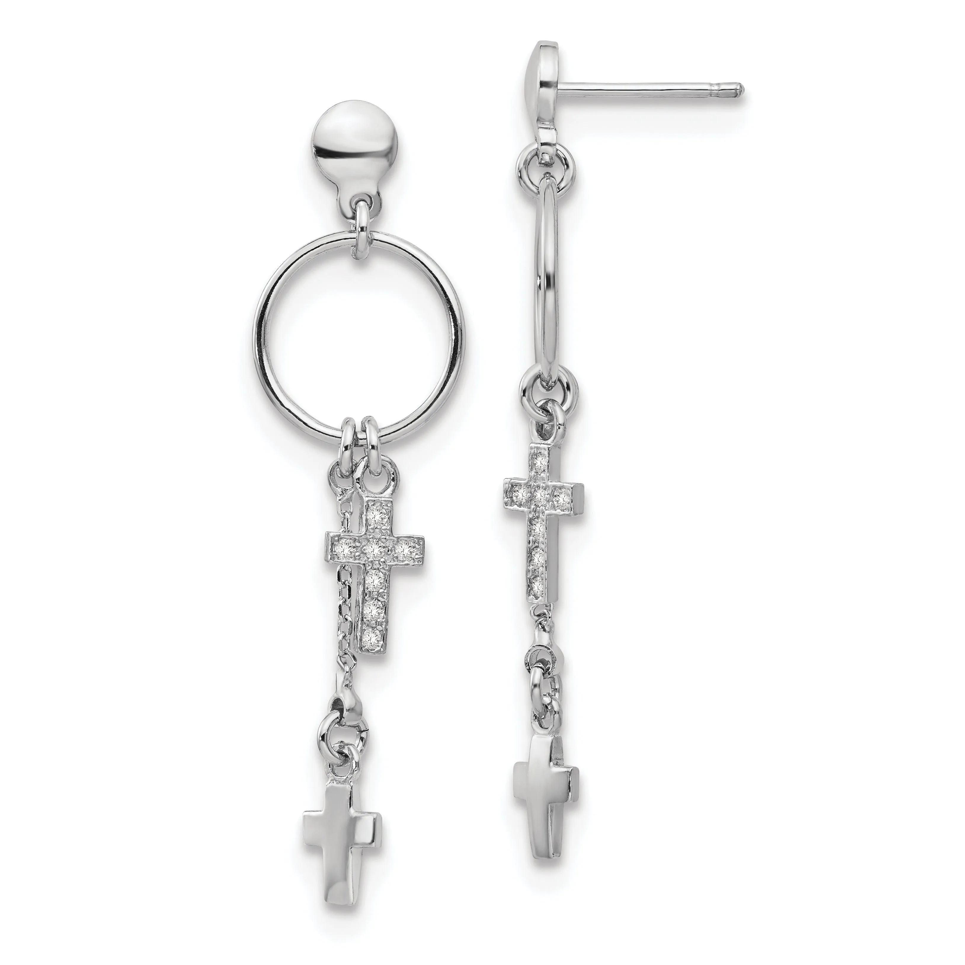 Silver Rhodium C.Z Cross Dangle Design Earrings