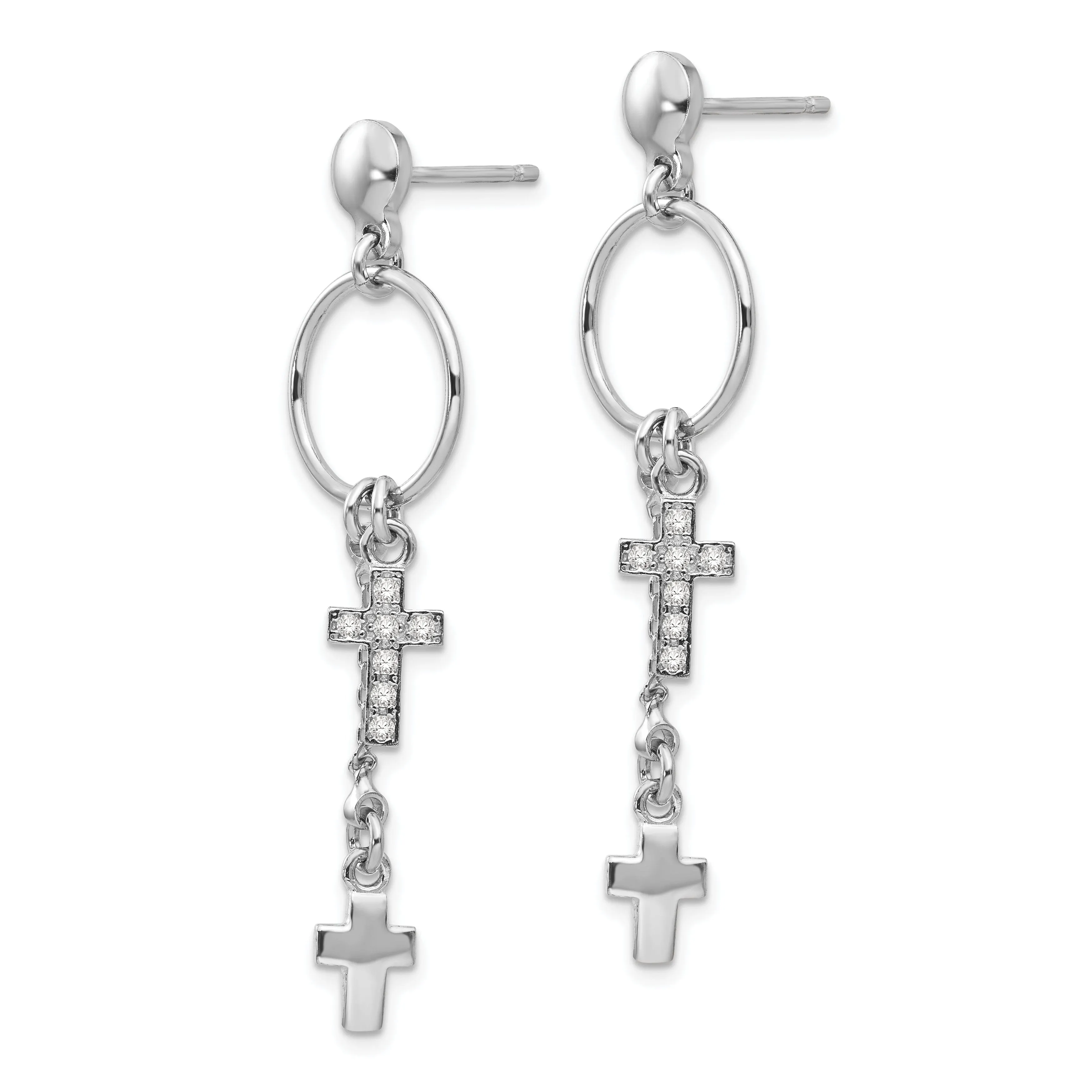 Silver Rhodium C.Z Cross Dangle Design Earrings