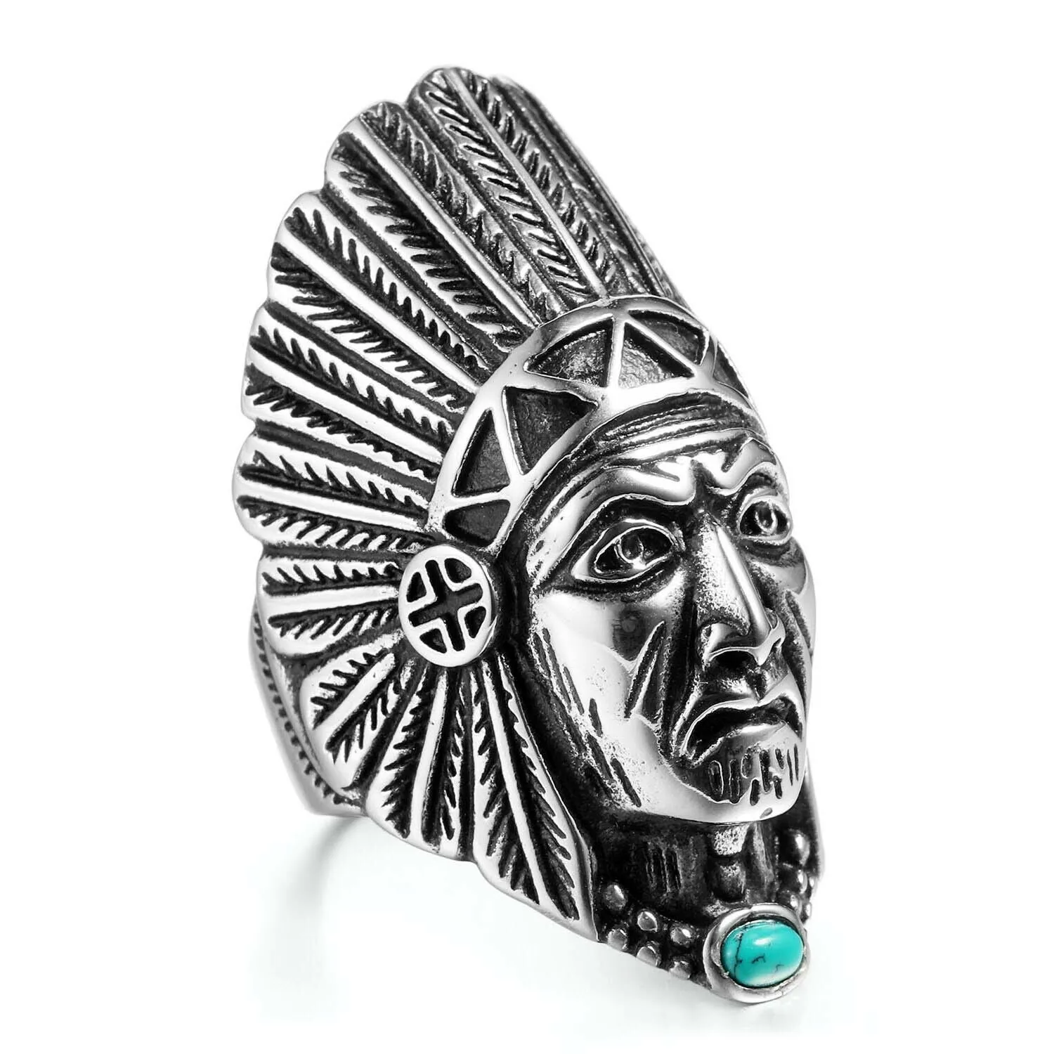 Stainless Steel Native American Indian Chief Feathers Ring