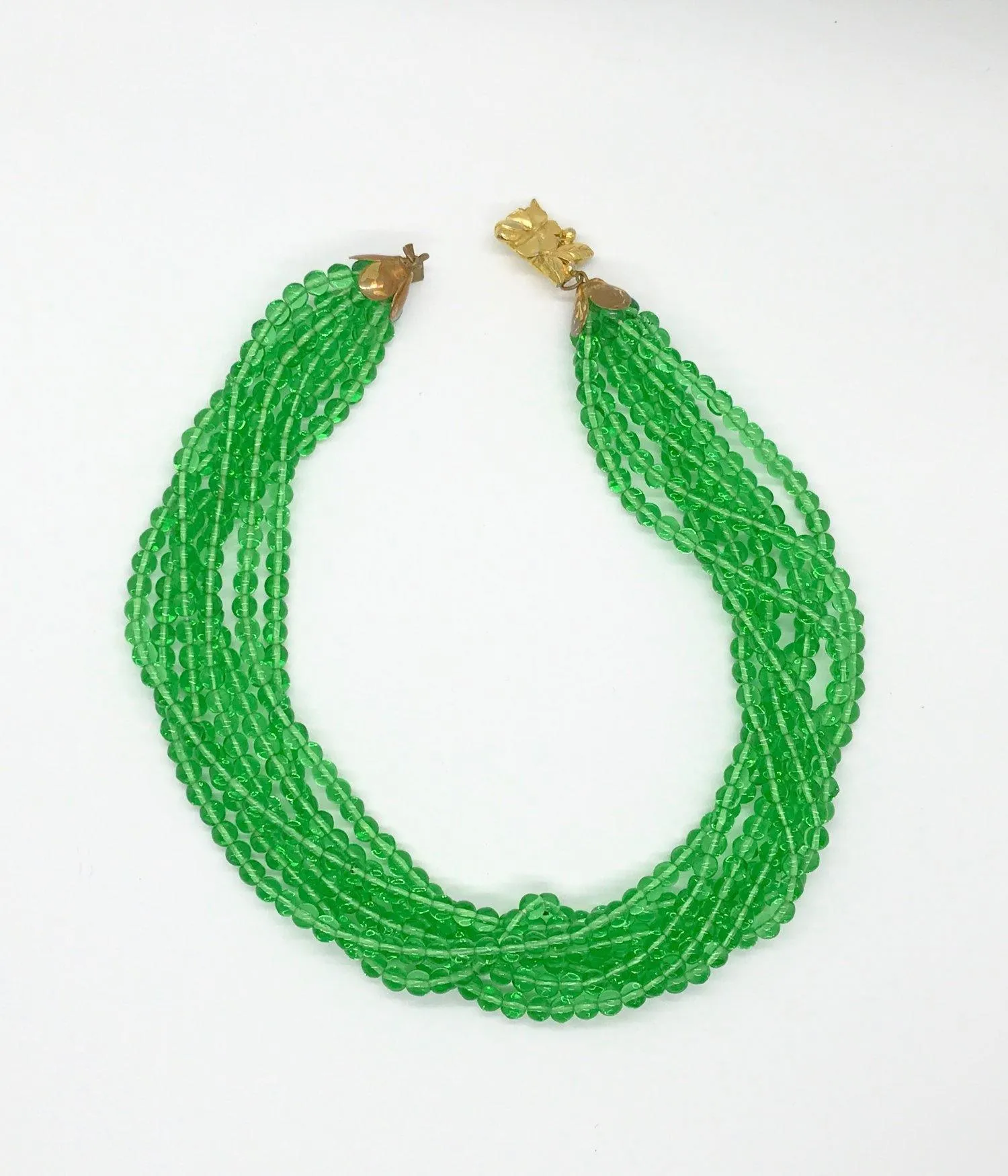 Stunning 1930s Green Glass Bead 7 Strand Necklace