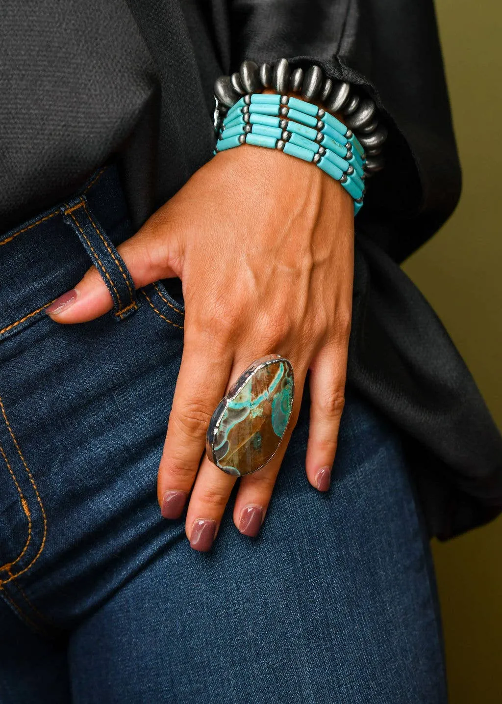 Turquoise Tube Bead Silver Pearl Stretch Bracelet