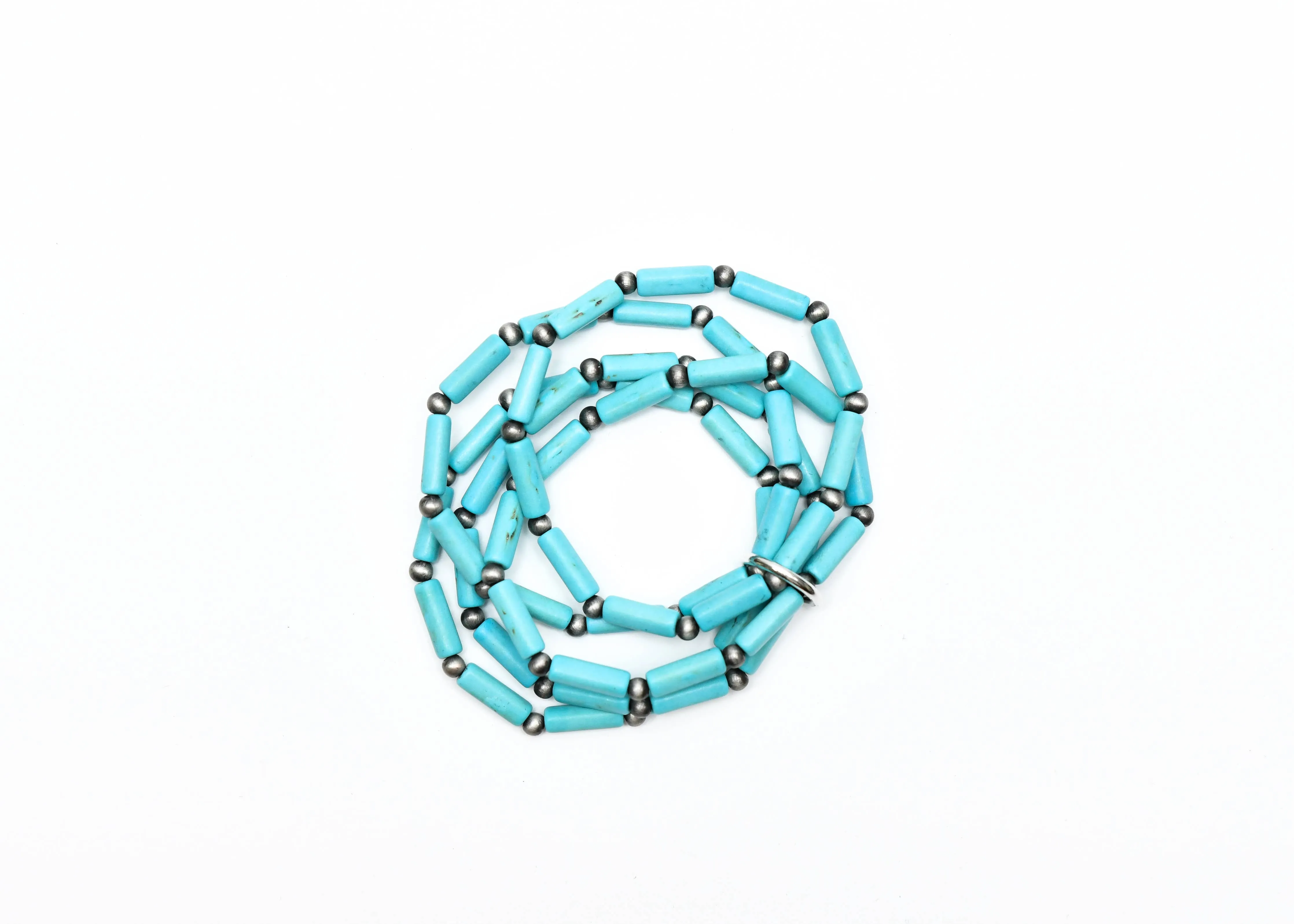 Turquoise Tube Bead Silver Pearl Stretch Bracelet
