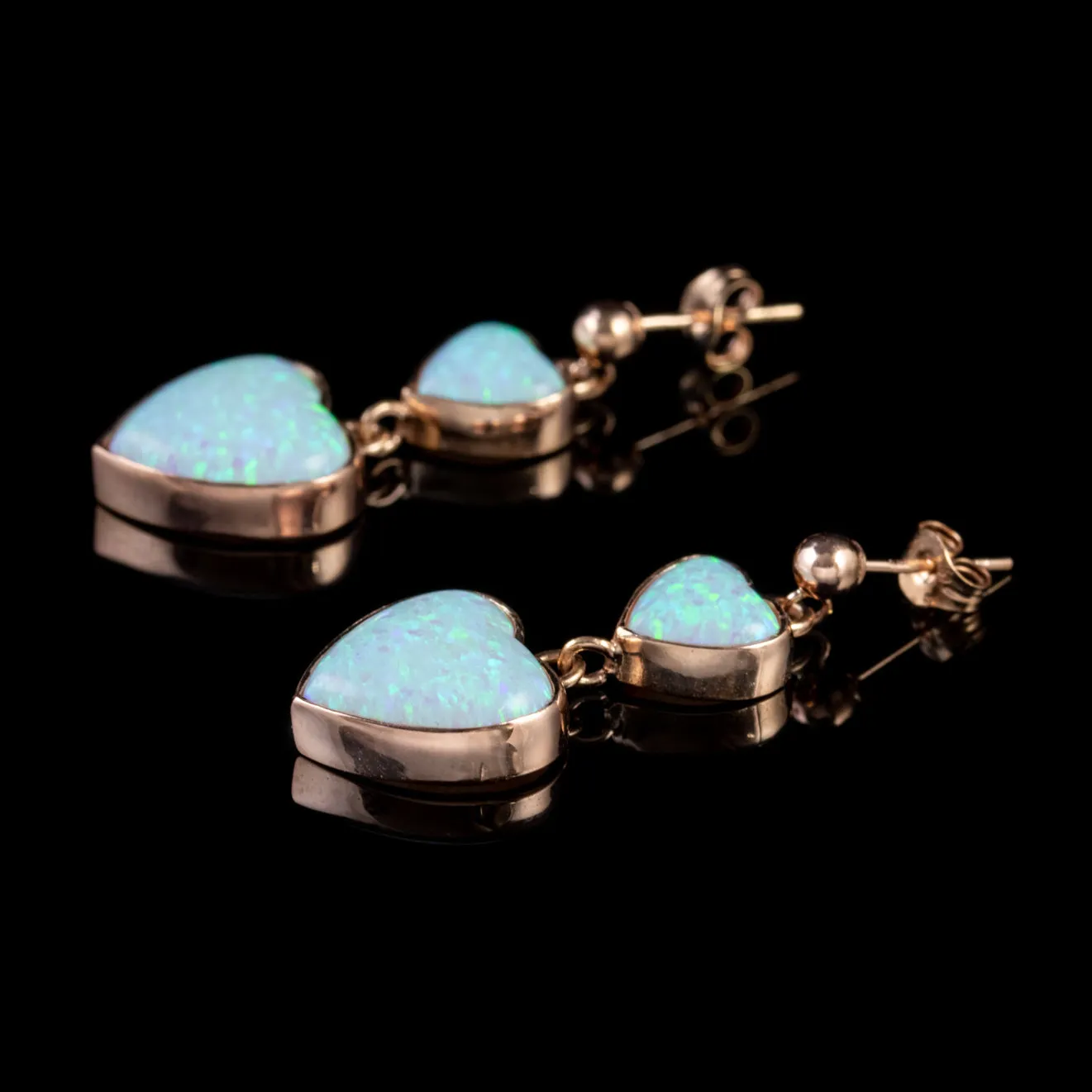 Victorian Style Opal Heart Drop Earrings 9Ct Rose Gold