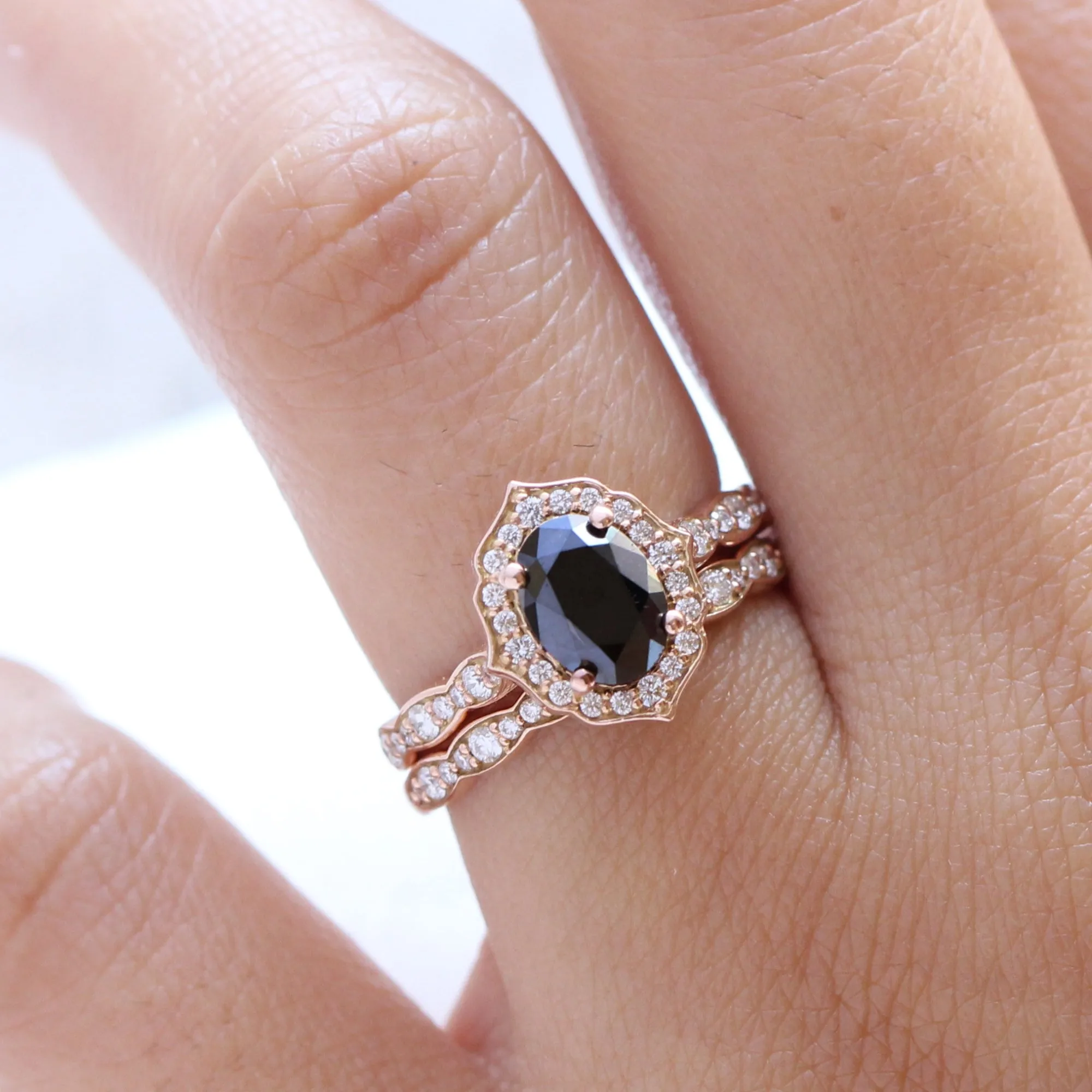 Vintage Floral Black Diamond Ring Set w/ Oval Diamond and Matching Wedding Band