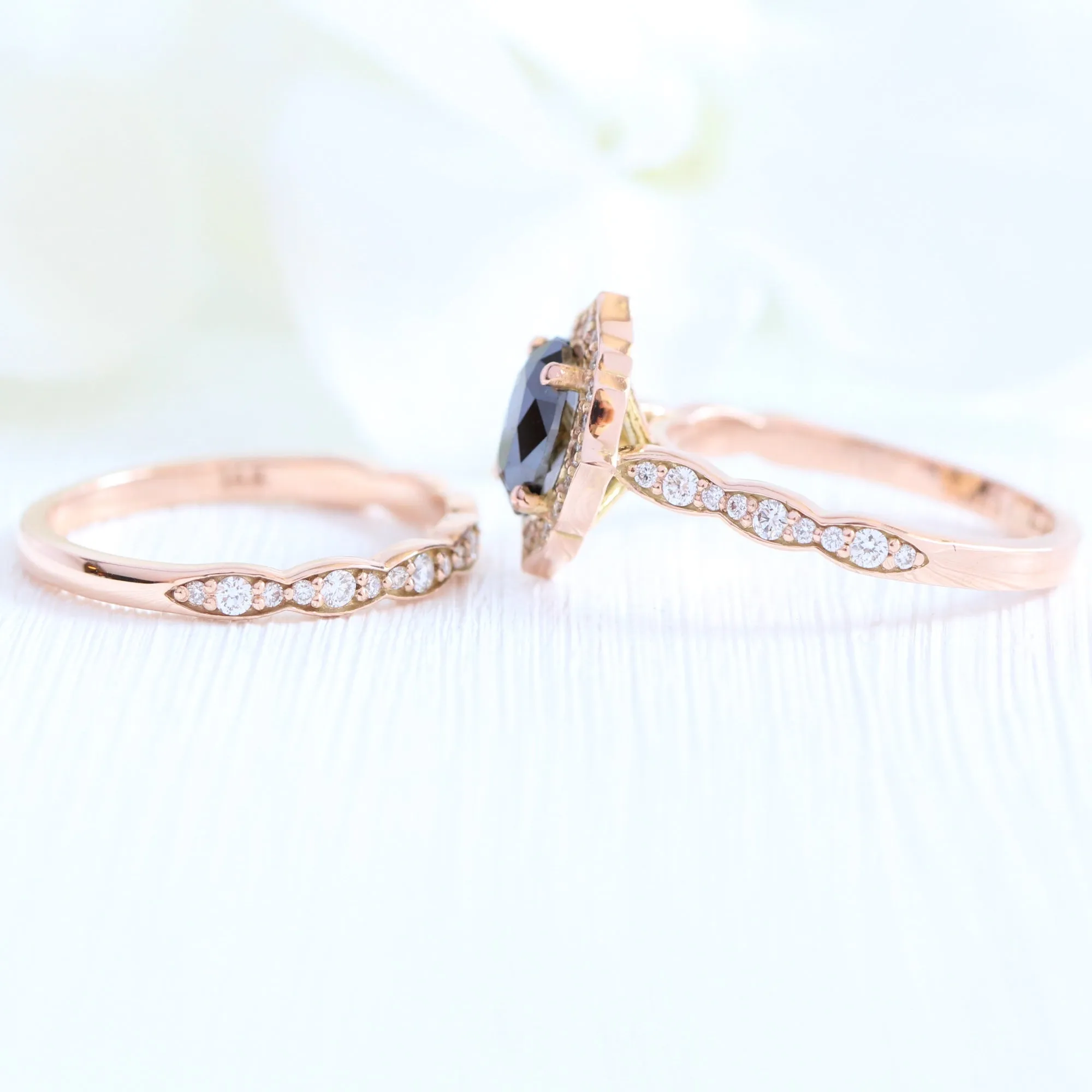 Vintage Floral Black Diamond Ring Set w/ Oval Diamond and Matching Wedding Band