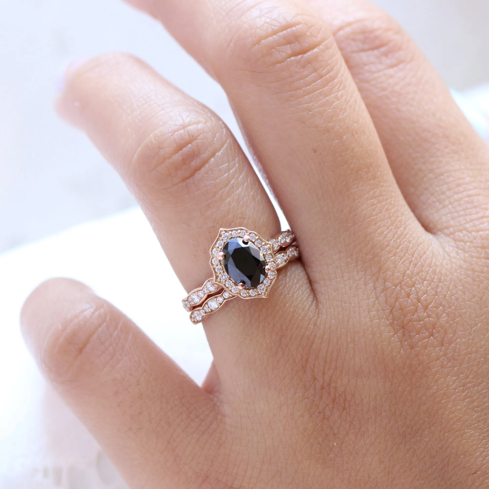Vintage Floral Black Diamond Ring Set w/ Oval Diamond and Matching Wedding Band