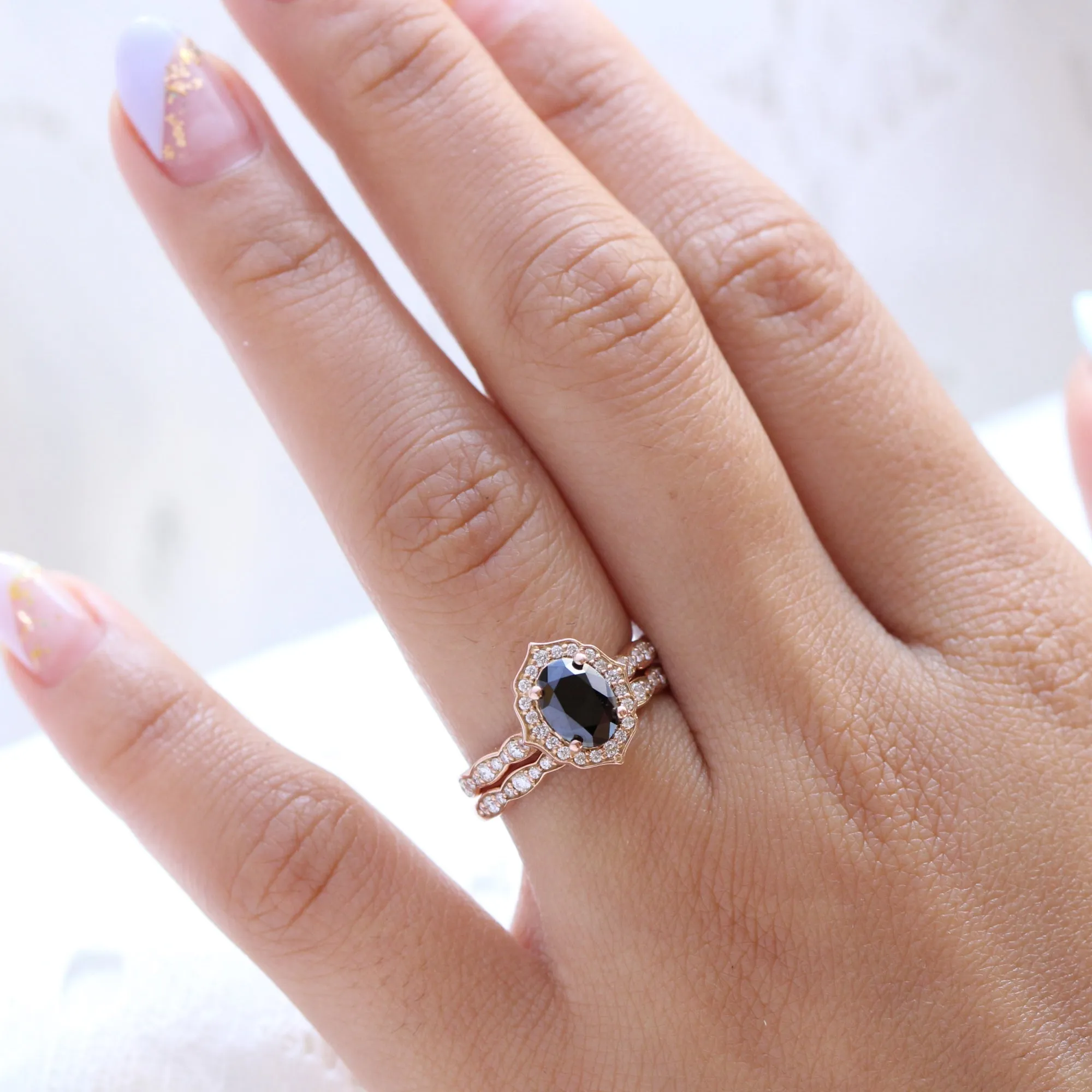Vintage Floral Black Diamond Ring Set w/ Oval Diamond and Matching Wedding Band