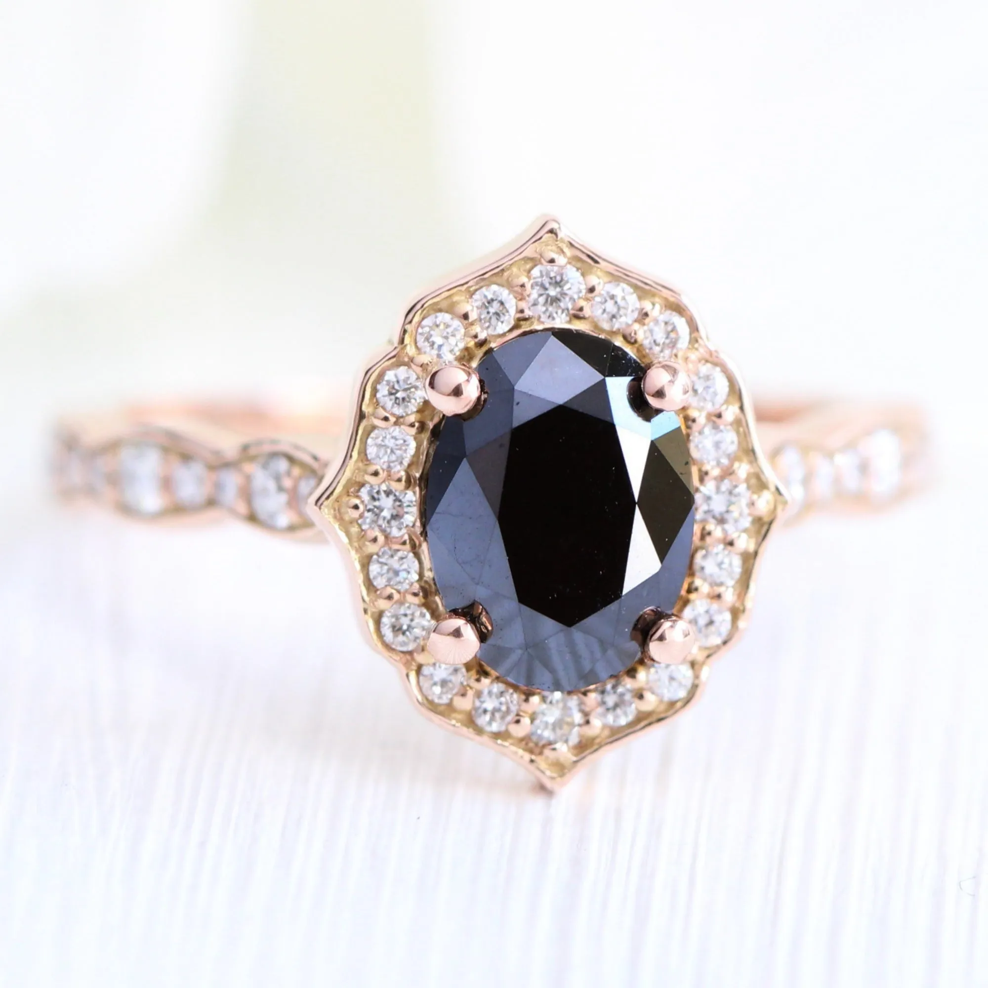 Vintage Floral Black Diamond Ring Set w/ Oval Diamond and Matching Wedding Band