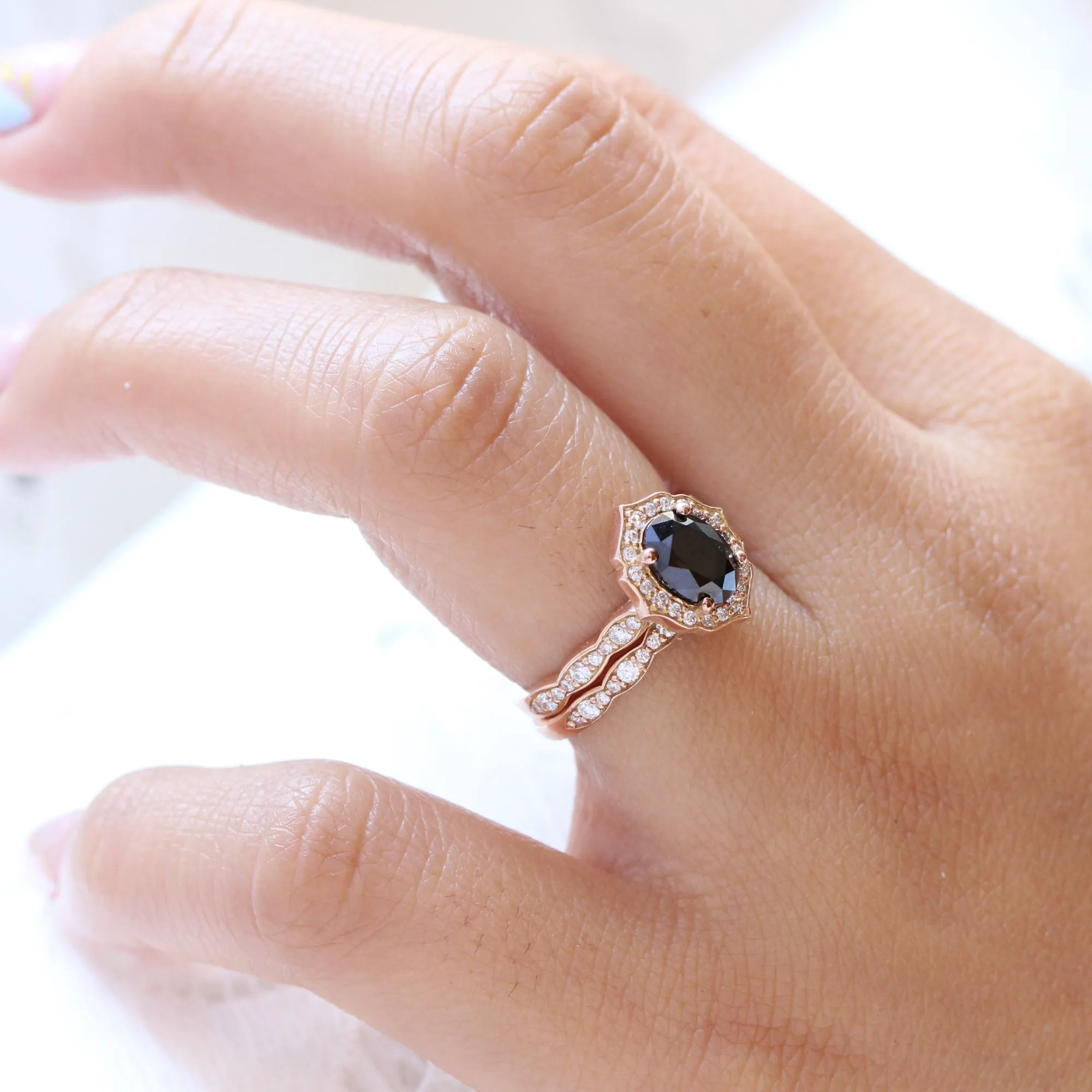 Vintage Floral Black Diamond Ring Set w/ Oval Diamond and Matching Wedding Band