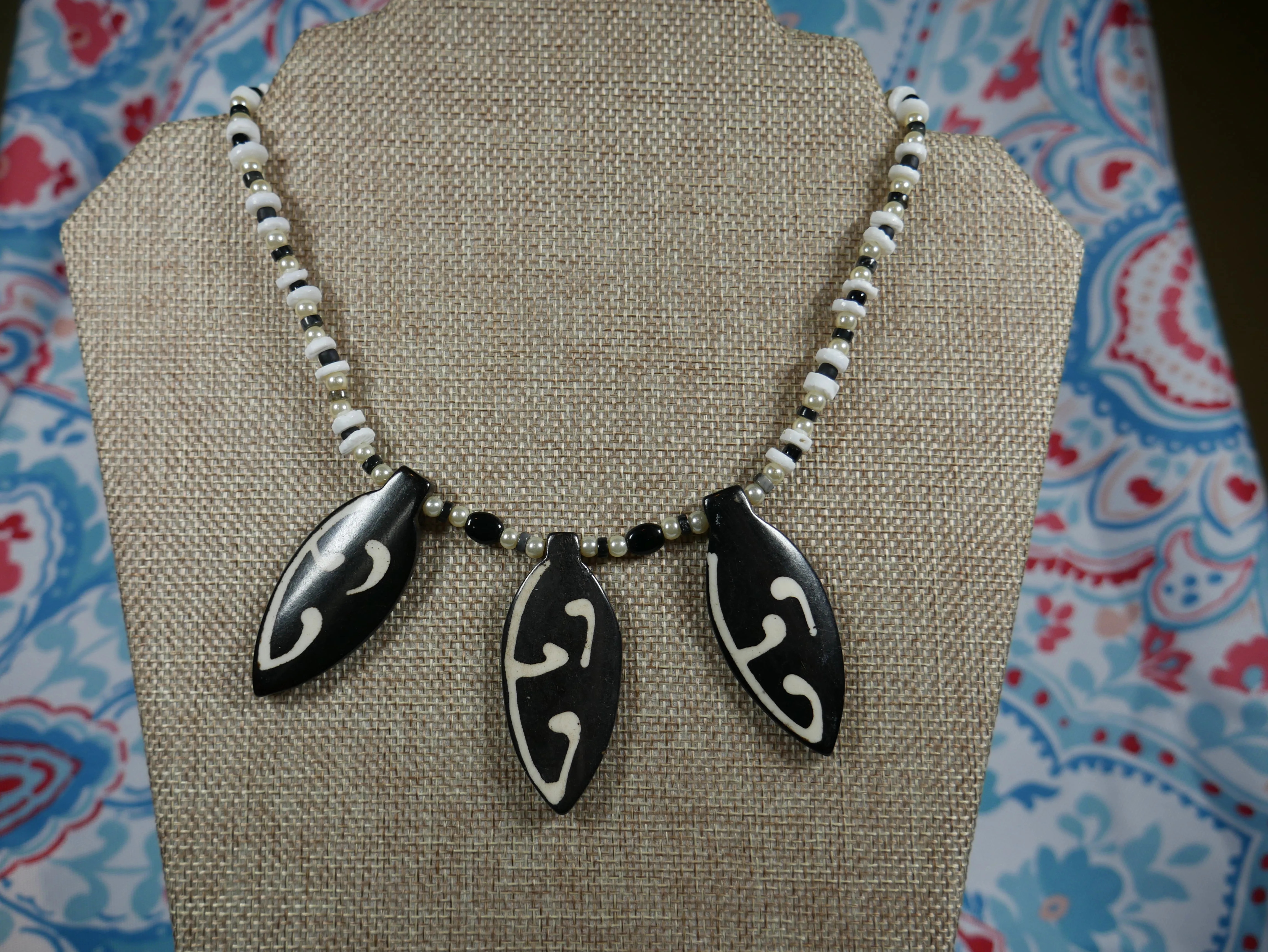 White and Black Bone Necklace with Semi-Precious Stones