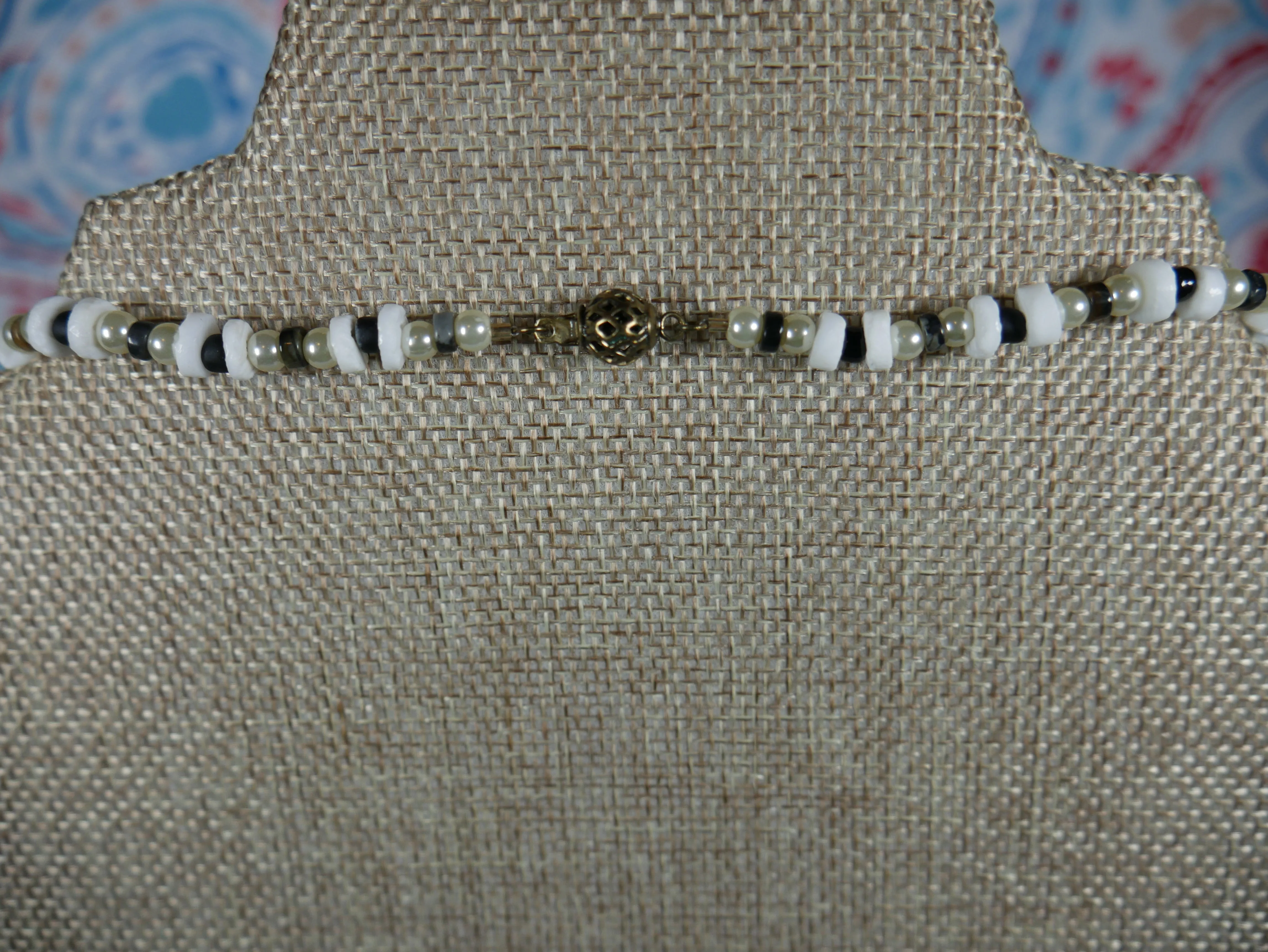 White and Black Bone Necklace with Semi-Precious Stones