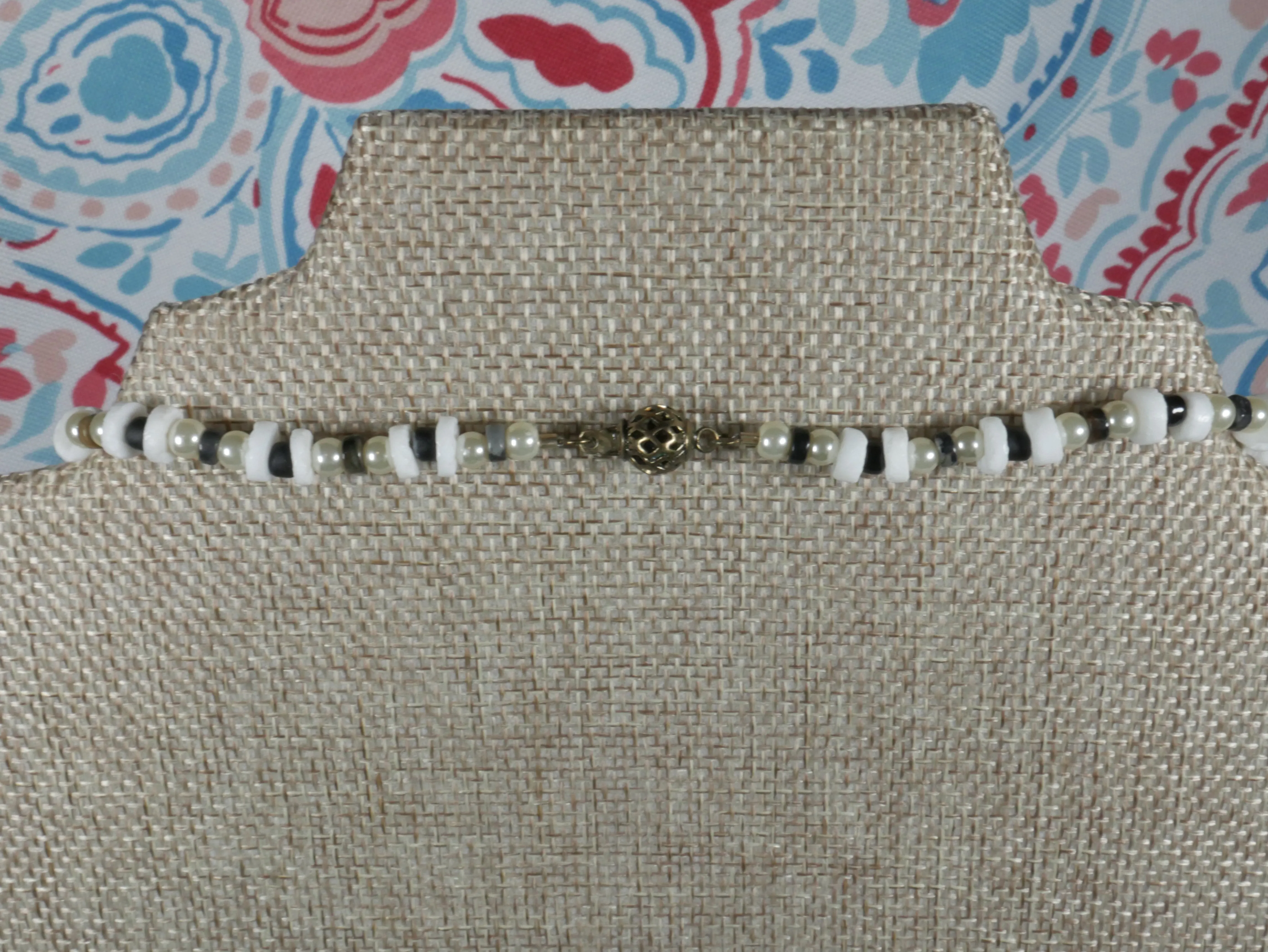 White and Black Bone Necklace with Semi-Precious Stones