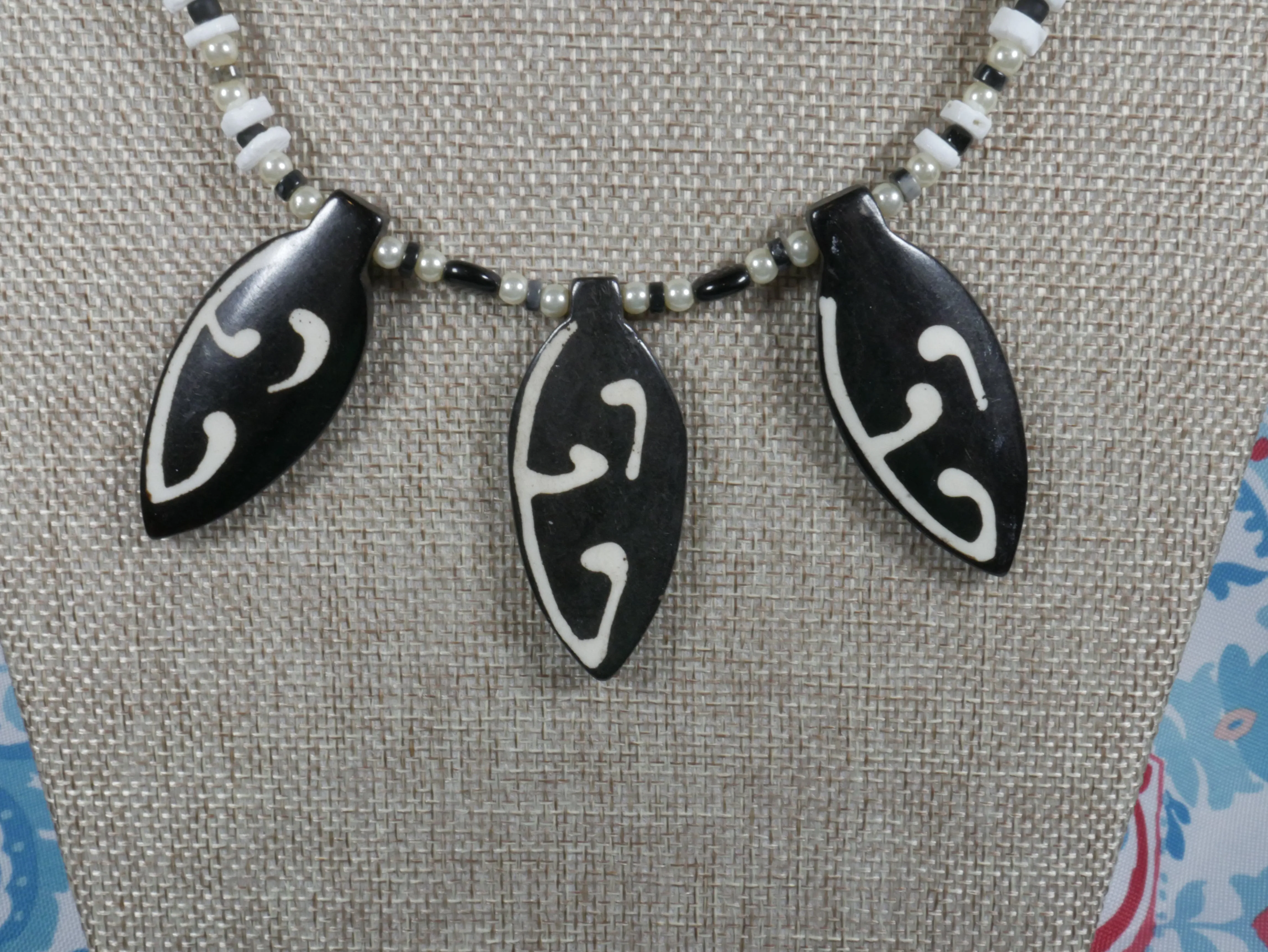 White and Black Bone Necklace with Semi-Precious Stones