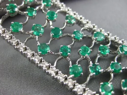 WIDE 15.0CT DIAMOND & COLOMBIAN EMERALD 18KT WHITE GOLD FILIGREE TENNIS BRACELET