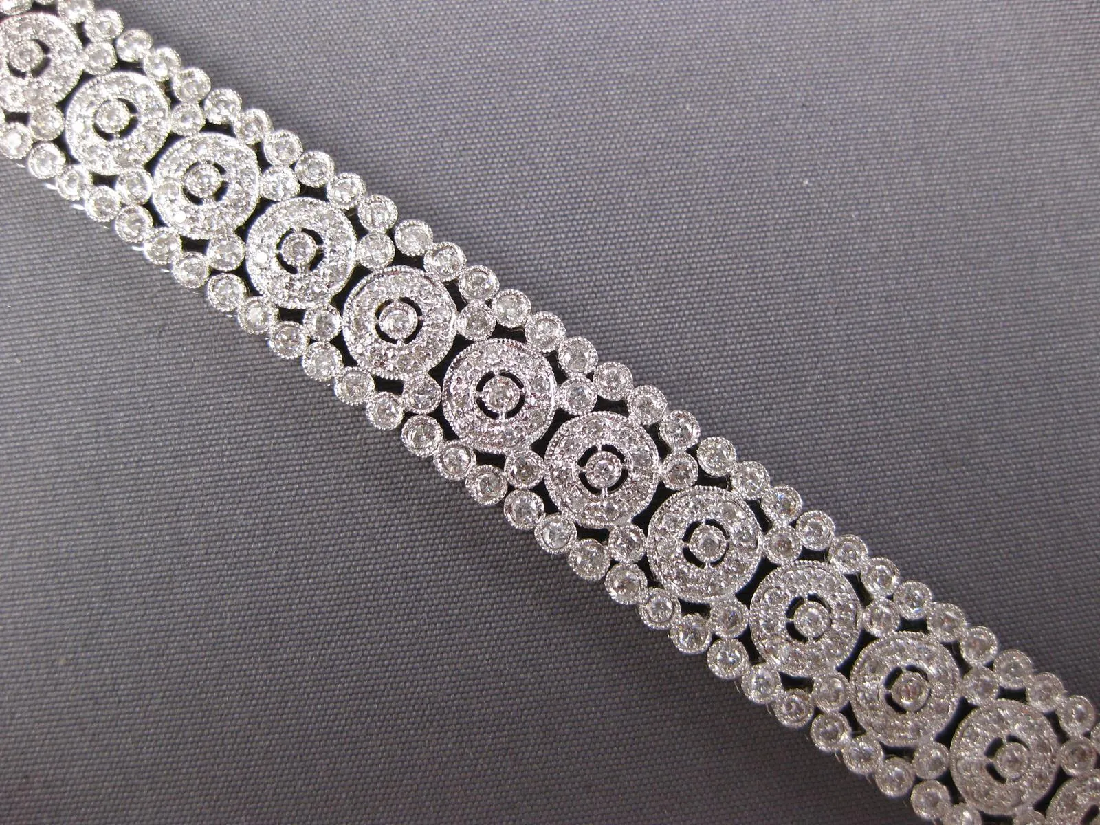 WIDE 5.52CT DIAMOND 18KT WHITE GOLD 3D FILIGREE MULTI ROW FLOWER TENNIS BRACELET